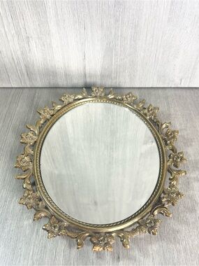 Vintage Homco Mirror Gold Plastic Frame Ornate Floral Vanity Tray Oval 11-1/2”